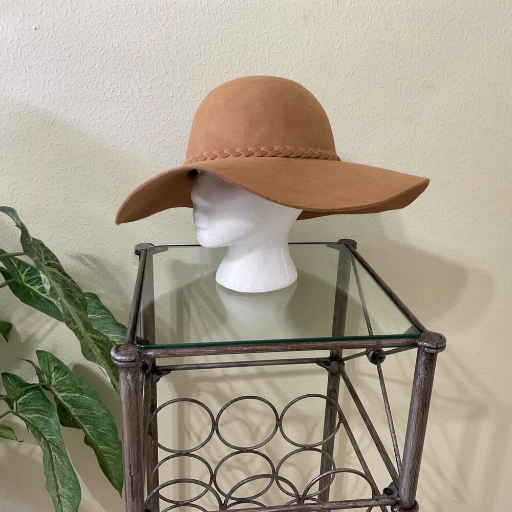 Aldo 100 % Wool Floppy size Large Brim Hat with Feather Brown braided trim